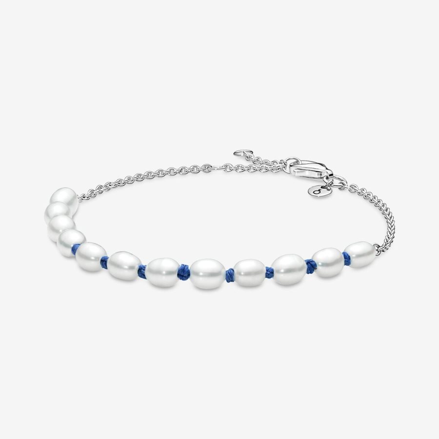 Pandora Treated Freshwater Cultured Pearl Blue Cord Chain Bracelet Gümüş | 513-DUACHW